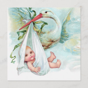 Invitation Fête de bébé cigogne vintage bleu sarcelle