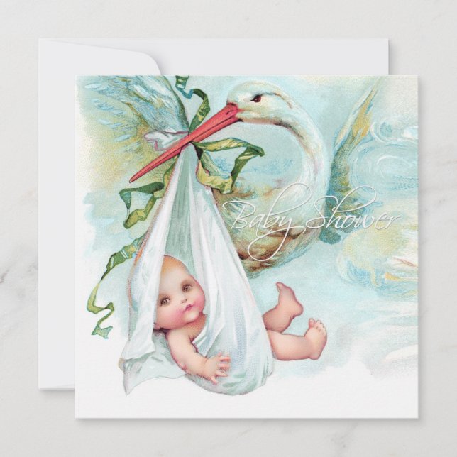 Invitation Fête de bébé cigogne vintage bleu sarcelle (Devant)