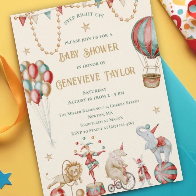 Invitation Fête de Bébé Cirque Carnaval Aquarelle Fantaisiste (Créateur téléchargé)