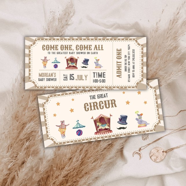 Invitation Fête de bébé cirque vintage neutre carnaval (Neutral Vintage Circus Ticket Carnival Baby shower Invitation)