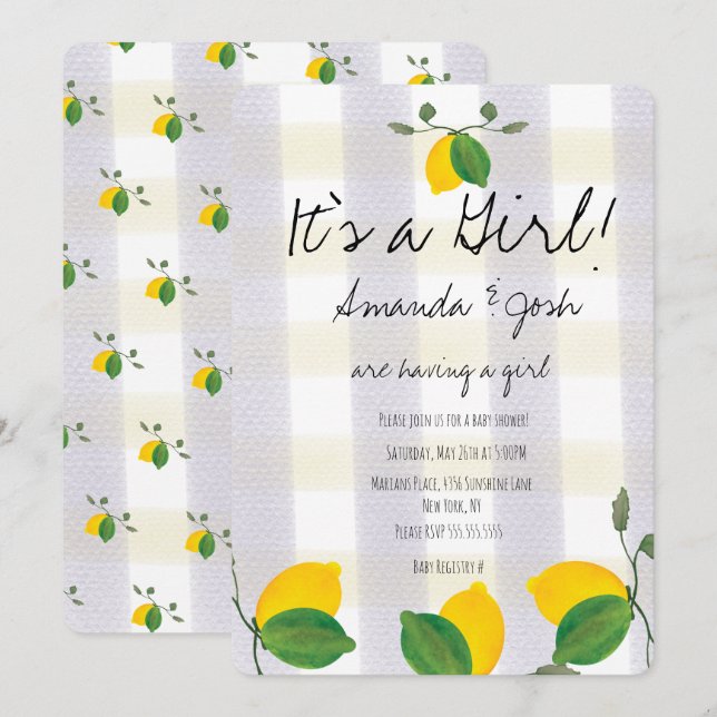 Invitation Fête de Bébé Citron Aquarelle Rustique Campagne Ci (Devant / Derrière)