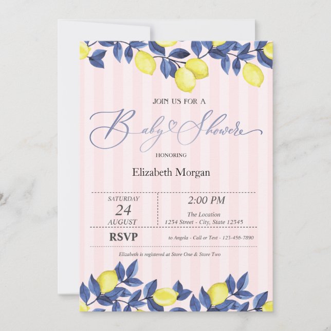 Invitation Fête de bébé Citrons à l'aquarelle Bandes roses  (Devant)