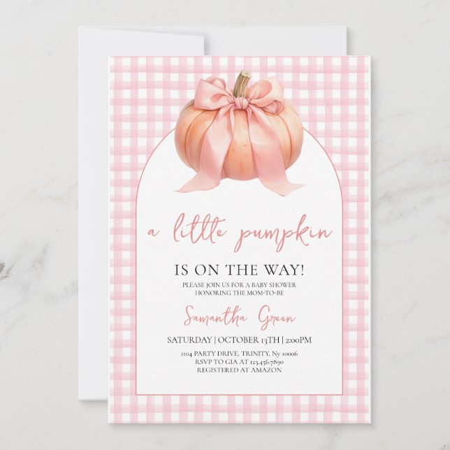 Invitation Fête de bébé Citrouille à Ruban Rose (Devant)