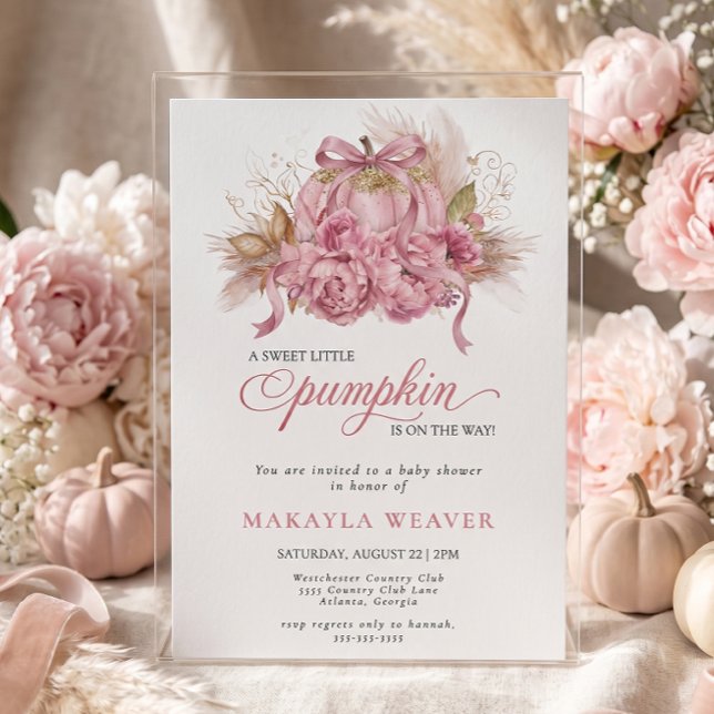 Invitation Fête de bébé Citrouille Aquarelle Rose Pailletée  (Créateur téléchargé)