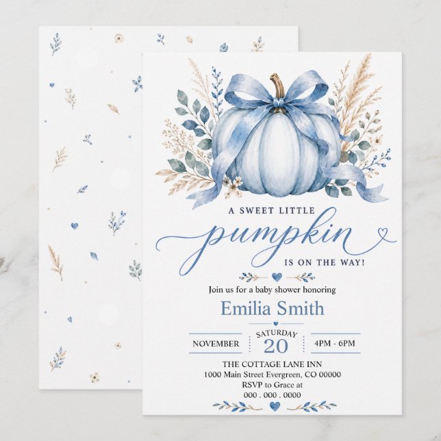 Invitation Fête de bébé Citrouille Bohème Bleue d'Automne (Devant / Derrière)