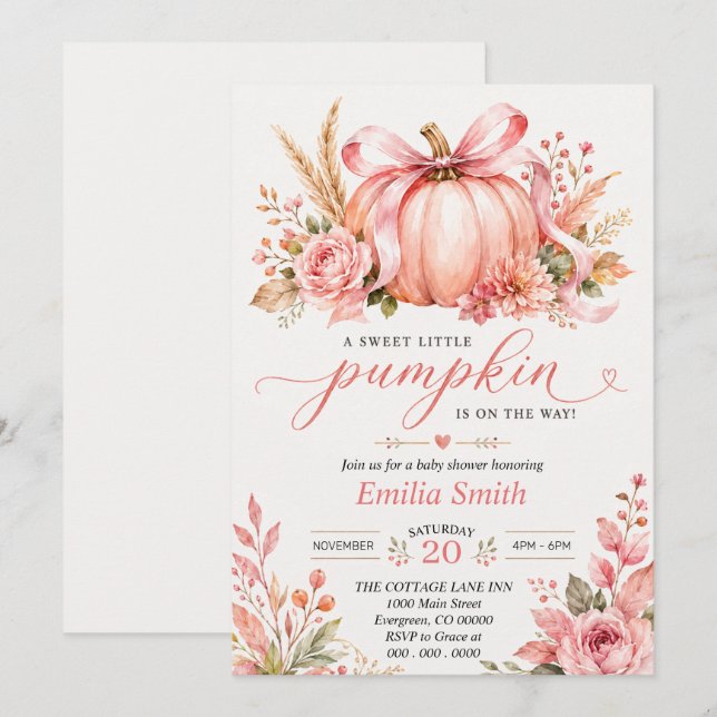 Invitation Fête de bébé citrouille florale (Devant / Derrière)