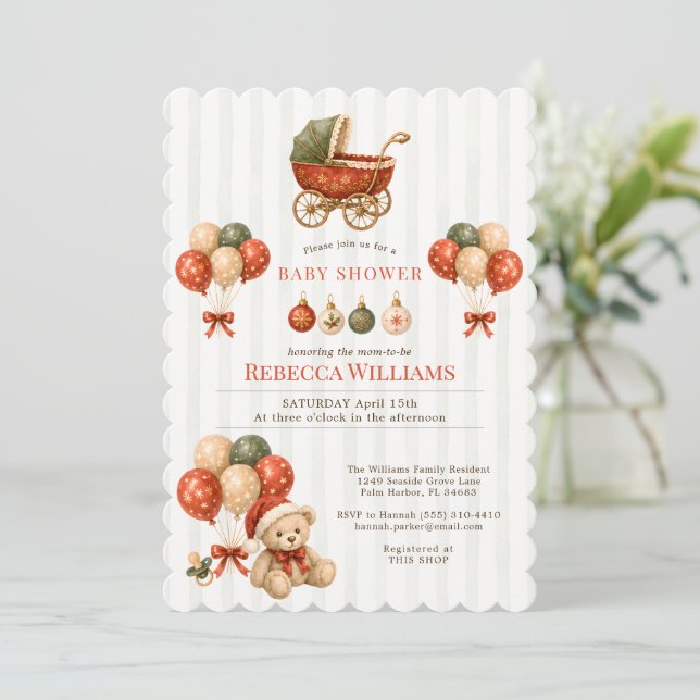 Invitation Fête de bébé Classique Noël Vintage Poussette (Debout devant)