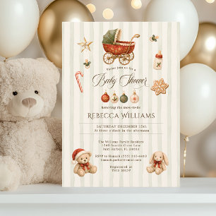 Invitation Fête de bébé Classique Noël Vintage Poussette