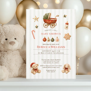Invitation Fête de bébé Classique Noël Vintage Poussette