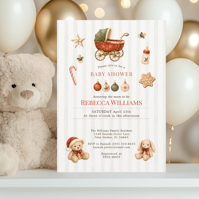 Invitation Fête de bébé Classique Noël Vintage Poussette (Créateur téléchargé)