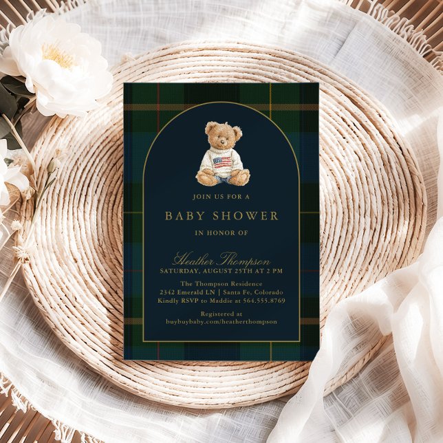 Invitation Fête de bébé classique Ourson vert et carreaux ble (Créateur téléchargé)