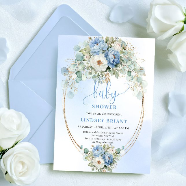 Invitation Fête de bébé Classique Pivoines Bleu Clair Eucalyp (Classic Light Blue Peonies Eucalyptus Baby Shower

)