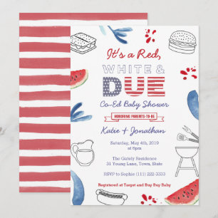Invitation Fête de Bébé Co-Ed Rouge Blanc et Bleu à Venir pou