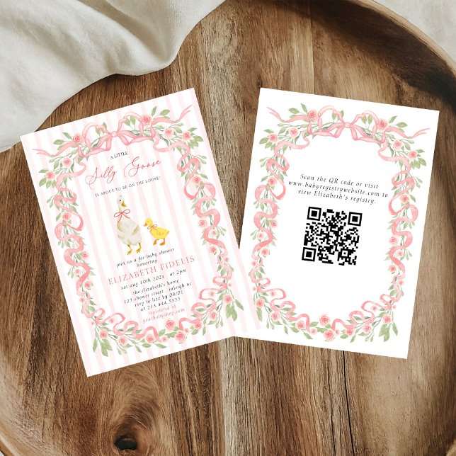 Invitation Fête de Bébé Code QR Floral Rose à Ruban de l'Oie  (Créateur téléchargé)