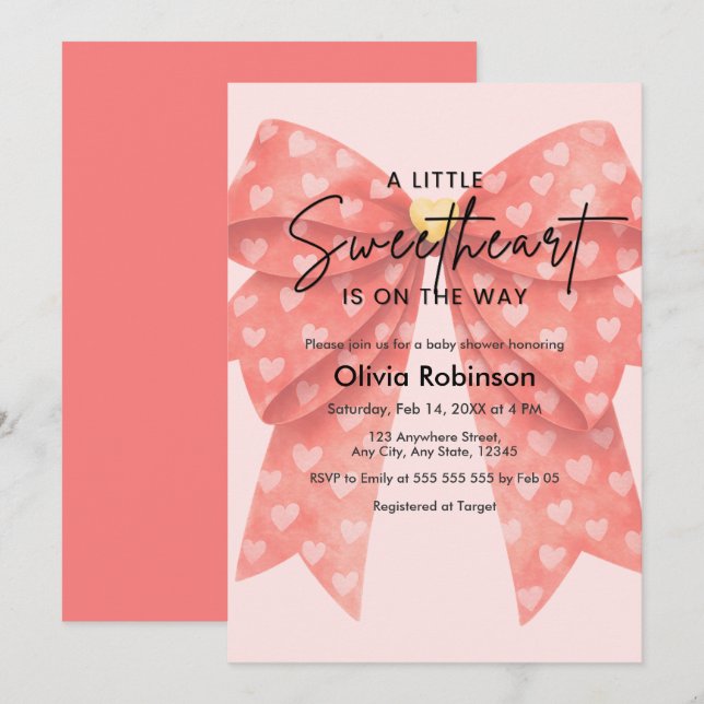 Invitation Fête de Bébé Cœurs Un Petit Cœur Rouge Ruban  (Devant / Derrière)