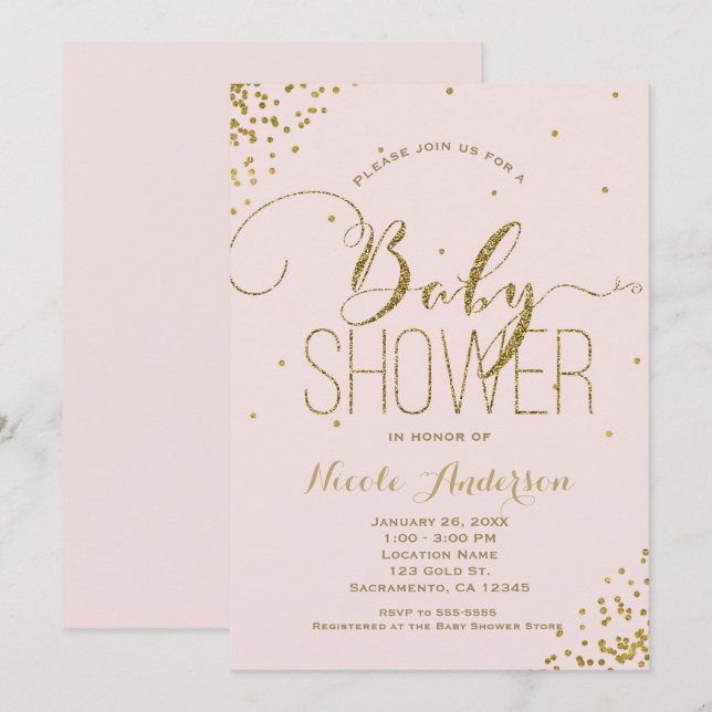 Invitation Fête de bébé coins pailletés glam rose et or (Devant / Derrière)