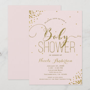 Invitation Fête de bébé coins pailletés glam rose et or