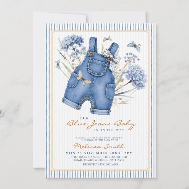 Invitation Fête de Bébé Combinaison en Jean Bleu à l'Aquarell (Devant)