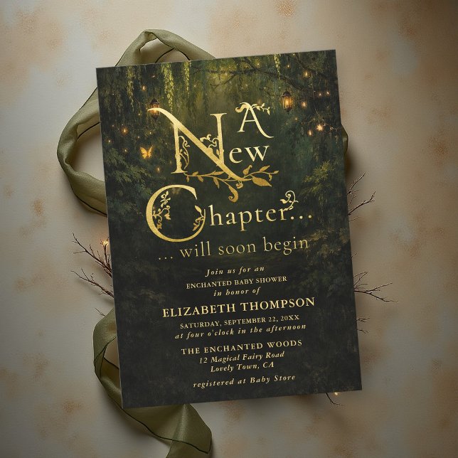 Invitation Fête de Bébé Conte de Fées Forêt Enchantée Nouveau (a new chapter baby shower invitation storybook theme enchanted forest emerald gold fairytale magical)