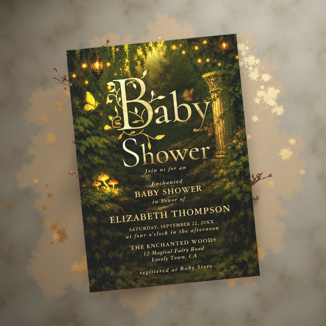 Invitation Fête de Bébé Conte de Fées Jardin Enchanté (enchanted garden baby shower storybook fairytale glowing mushrooms magical fairy lights lanterns)