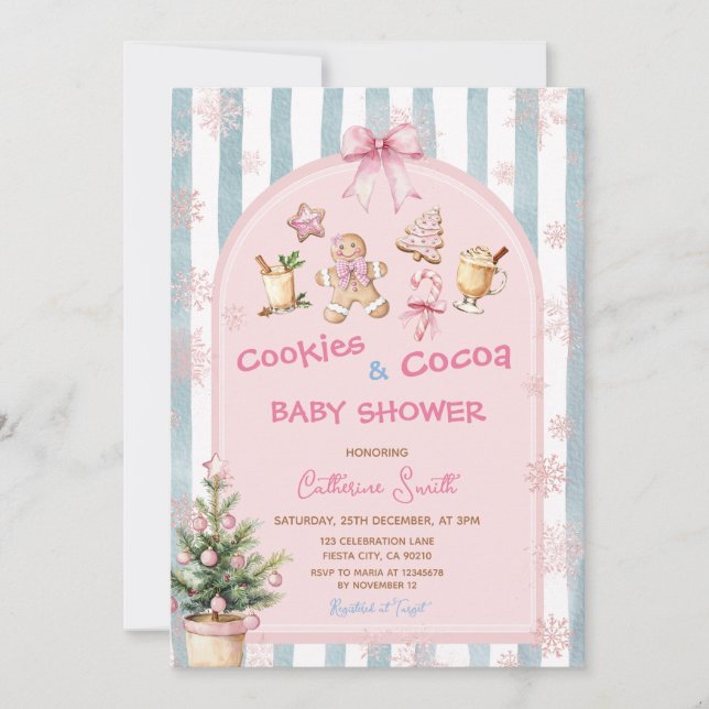Invitation Fête de bébé: Cookies roses et flocons de neige au (Devant)
