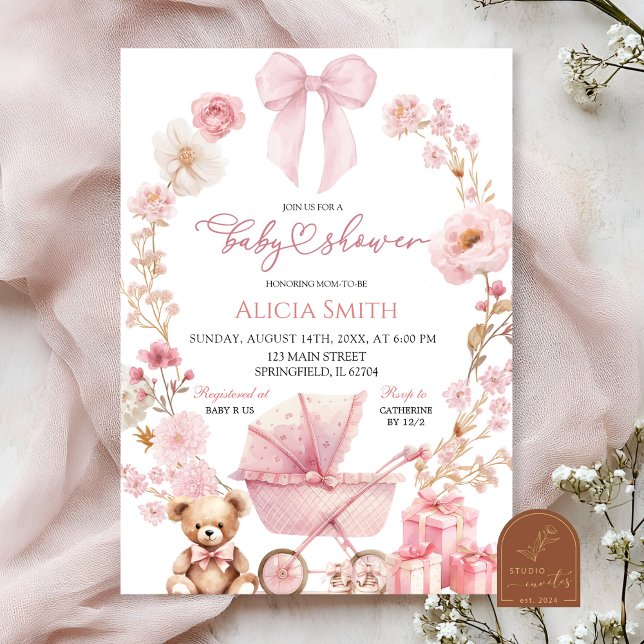 Invitation Fête de bébé Coquette avec un berceau rose (Créateur téléchargé)