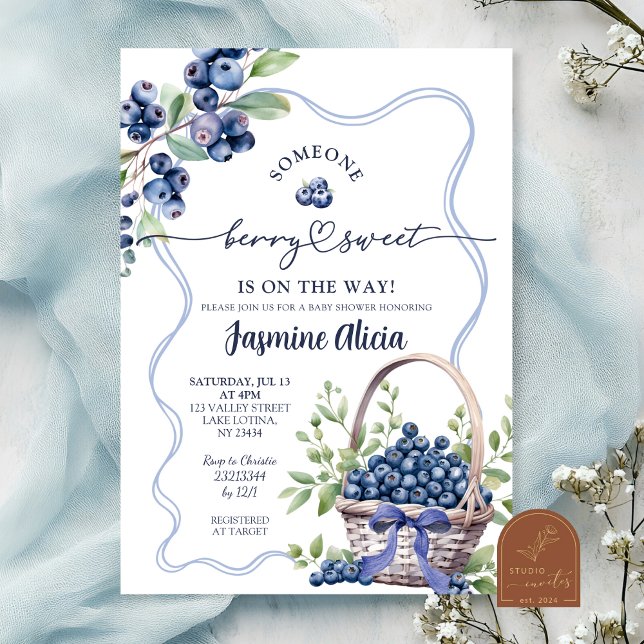 Invitation Fête de bébé Coquette Blueberry au ruban bleu (Créateur téléchargé)