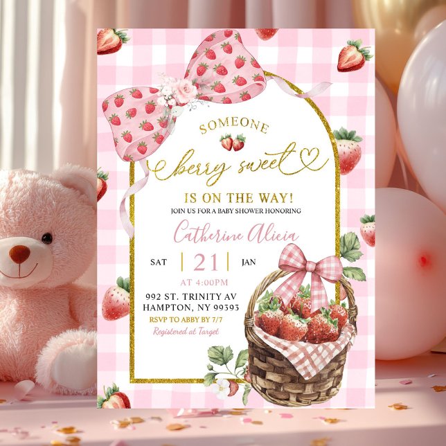 Invitation Fête de bébé Coquette Gingham Rose Sucrée aux Frui (Créateur téléchargé)