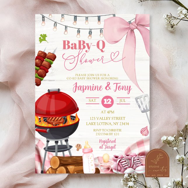 Invitation Fête de Bébé Coquette Rose dans le Jardin BabyQ (Créateur téléchargé)