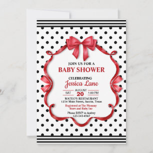 Invitation Fête de Bébé Coquette Rouge Chic Nœud Cramoisi