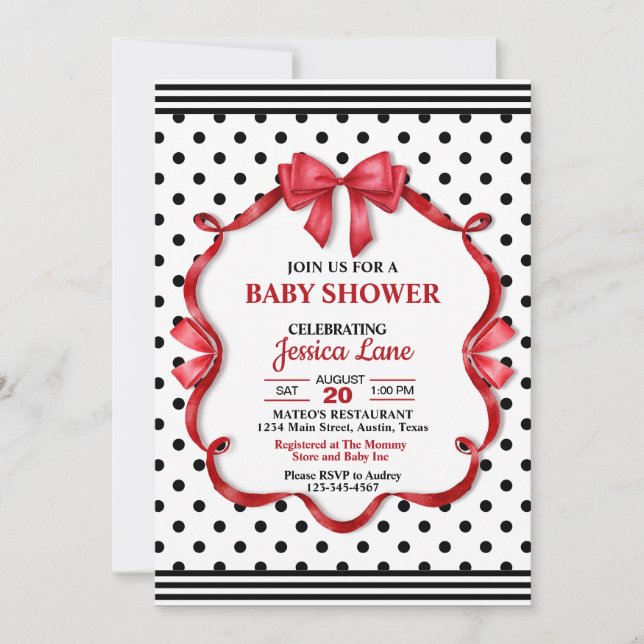 Invitation Fête de Bébé Coquette Rouge Chic Nœud Cramoisi (Devant)