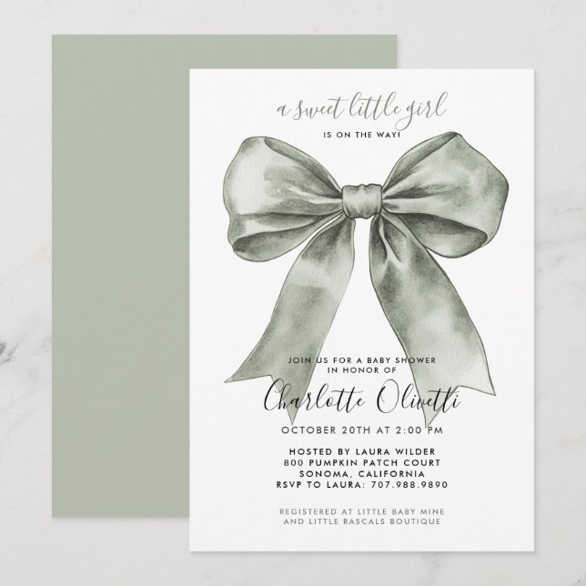 Invitation Fête de Bébé Coquette Ruban Sage  (Devant / Derrière)