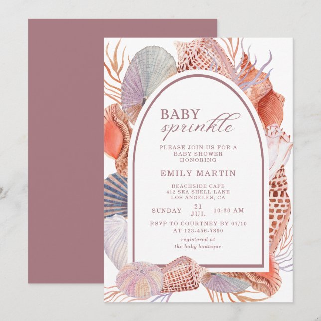 Invitation Fête de bébé coquillages de plage Boho (Devant / Derrière)