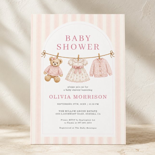 Invitation Fête de bébé corde à linge ourson rose prépa (Créateur téléchargé)