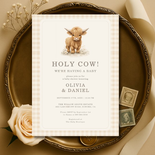 Invitation Fête de Bébé Couple Gingham Vache Sacrée (Créateur téléchargé)
