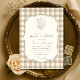 Invitation Fête de Bébé Couple Ruban Floral Gingham Neutre