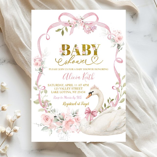 Invitation Fête de bébé Couronne de Cygne Coquette avec Ruban (Créateur téléchargé)