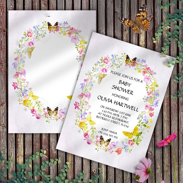 Invitation Fête de Bébé Couronne Florale & Papillon à l'Aquar (Créateur téléchargé)