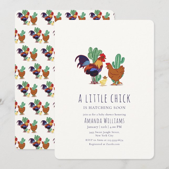 Invitation Fête de Bébé Cow-Boy de Campagne Cactus Coq Poule (Devant / Derrière)