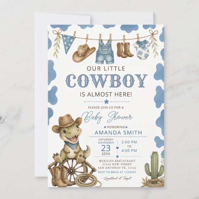 Invitation Fête de bébé Cowboy Dinosaur de l'Ouest  (Devant)