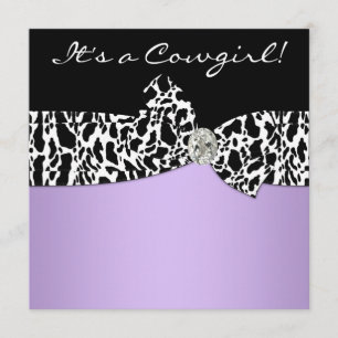 Invitation Fête de bébé Cowgirl Imprimé Vache Noir Violet