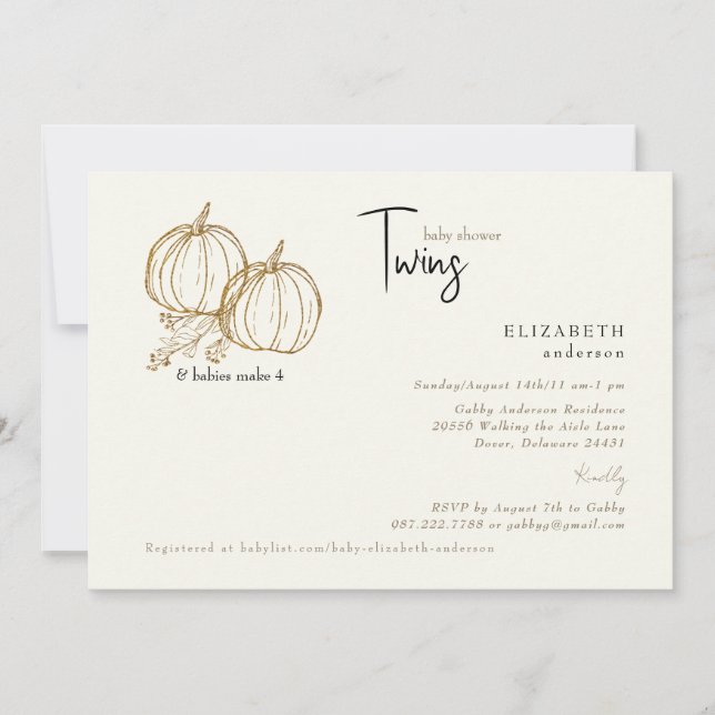 Invitation Fête de bébé Cream Twins Little Pumpkins (Devant)
