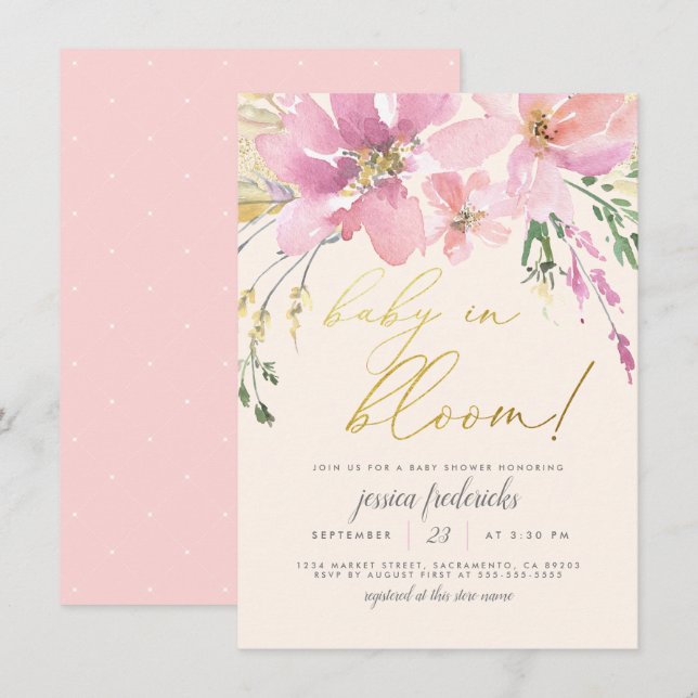 Invitation Fête de bébé Crème Rose Doré Bébé en Fleur Florale (Devant / Derrière)