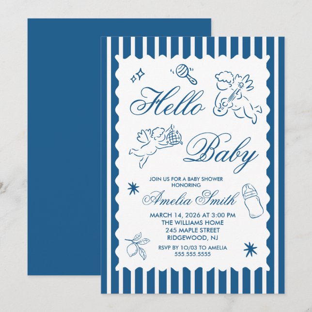 Invitation Fête de bébé Cupidon doodle neutre en matière de g (Devant / Derrière)