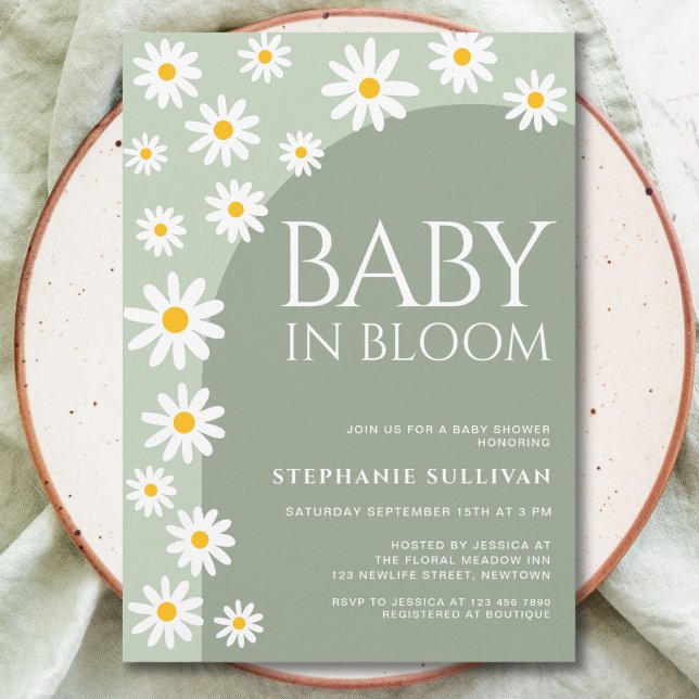 Invitation Fête de bébé Daisy Baby In Bloom Bohème Verte (Créateur téléchargé)