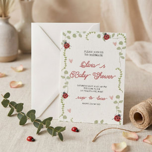Invitation Fête de Bébé Dame Punaise Fantaisiste et Cœurs de