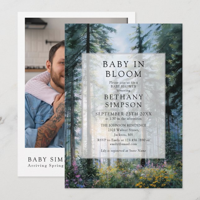 Invitation Fête de bébé dans la forêt en fleurs Code QR Baby  (Devant / Derrière)