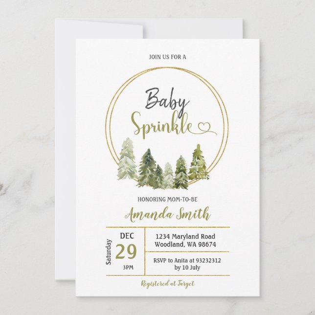 Invitation Fête de Bébé dans une Forêt Élégante de Pins en Hi (Devant)