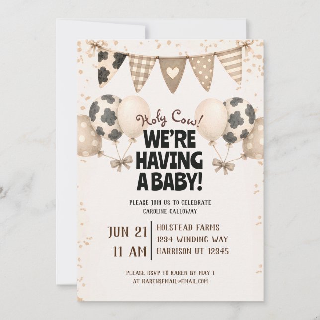Invitation Fête de Bébé de Ferme Mignonne Vache (Devant)