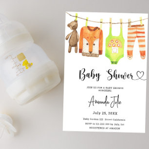 Invitation Fête de bébé de genre neutre sur une corde à linge